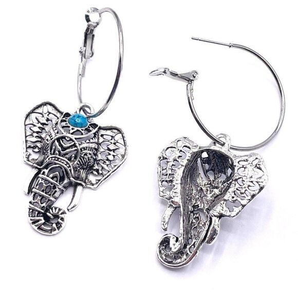 Silver with Turquoise Boho Elephants Hinged Post Hoop Earrings - Picture 5 of 7